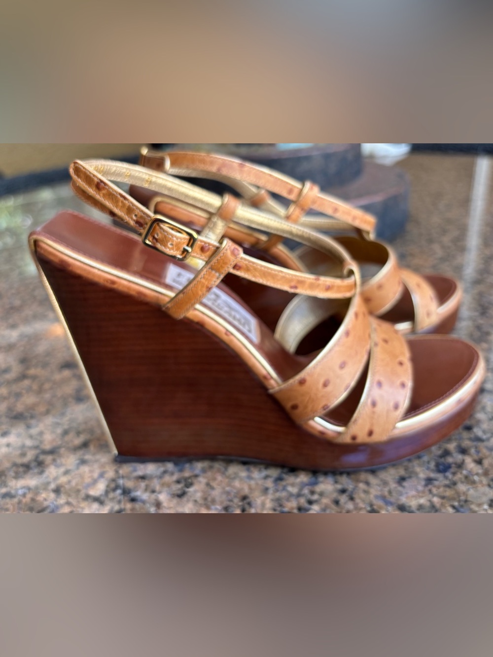 Salvatore Ferragamo Womens Brown Tan Leather Strappy Wedge Open Toe Buckle 9
